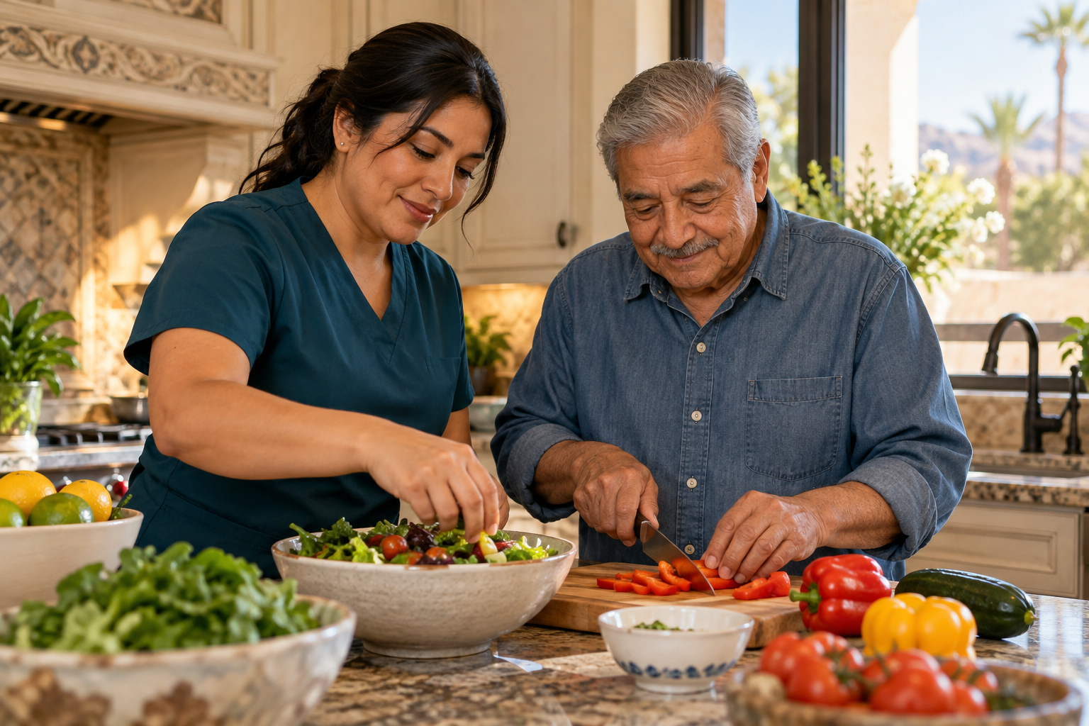 Caregiver and older adult preparing a meal