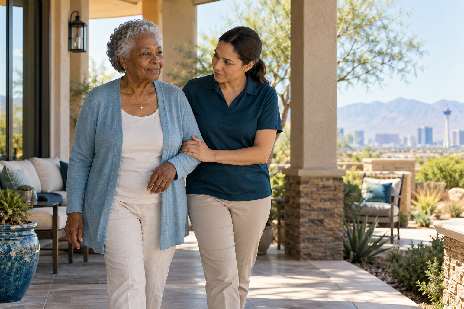 Caregiver supporting an older adult while walking